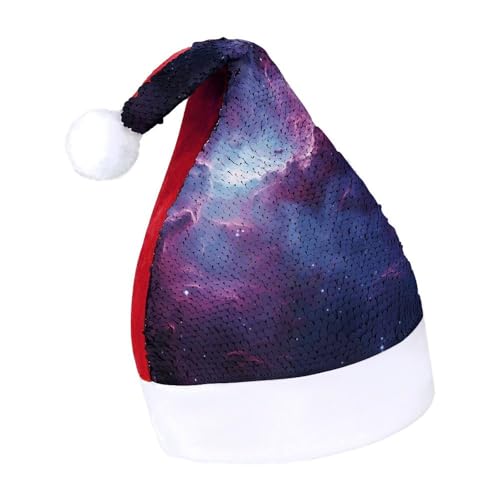 QWHJK Weihnachtsmütze für Erwachsene, lila und blau, Galaxie-Druck, Karnevalshut, festliche Partyhut, Pailletten-Weihnachtsmannmütze von QWHJK