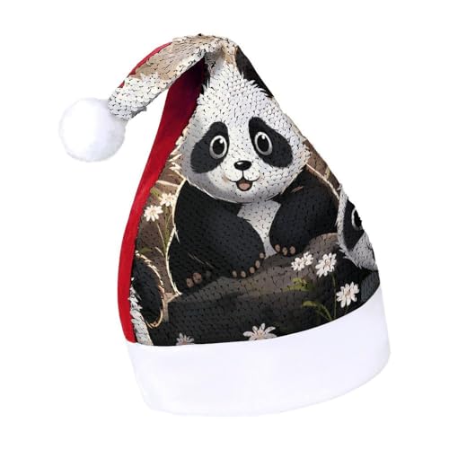 QWHJK Weihnachtsmütze für Erwachsene, niedlicher Panda-Tierdruck, Karnevalshut, festliche Partyhut, Pailletten-Weihnachtsmannmütze von QWHJK