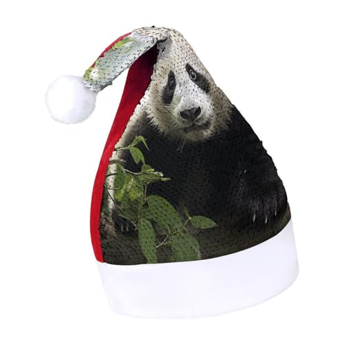 QWHJK Weihnachtsmütze für Erwachsene, niedlicher Pandabär-Druck, Karnevalshut, festliche Partyhut, Pailletten-Weihnachtsmannmütze von QWHJK