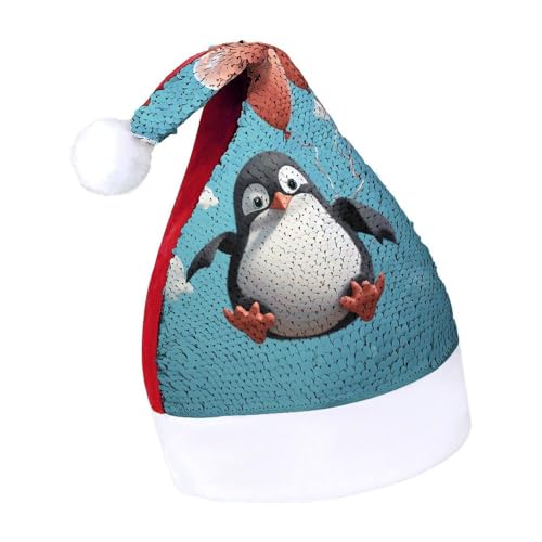 QWHJK Weihnachtsmütze für Erwachsene, niedlicher Pinguin mit Ballon-Druck, Karnevalshut, festliche Partyhut, Pailletten-Weihnachtsmannmütze von QWHJK