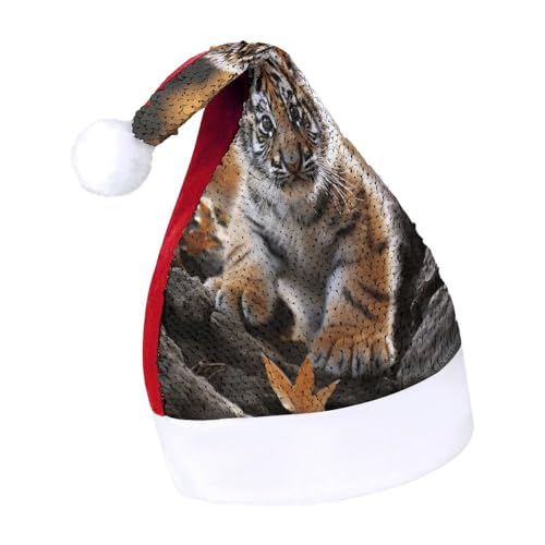 QWHJK Weihnachtsmütze für Erwachsene, niedlicher Tigerjung-Druck, Karnevalshut, festliche Partyhut, Pailletten-Weihnachtsmannmütze von QWHJK