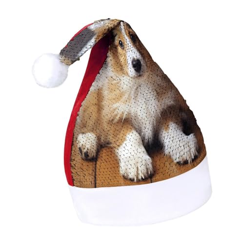 QWHJK Weihnachtsmütze für Erwachsene, niedlicher Welpen-Hunde-Druck, Karnevalshut, festliche Partyhut, Pailletten-Weihnachtsmannmütze von QWHJK