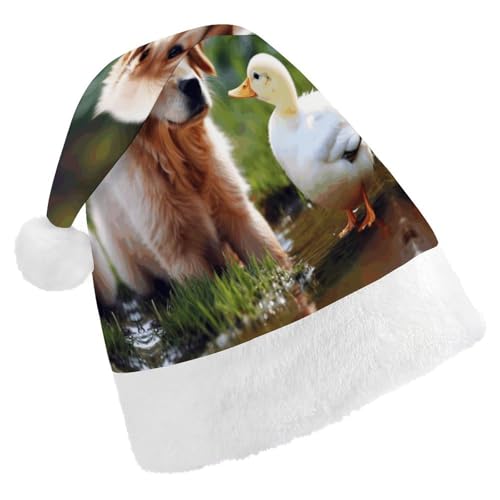 QWHJK Weihnachtsmütze für Erwachsene, roter Hund und eine Ente, lustige Weihnachtsmütze, dekorative Weihnachtsmütze, Festival-Erwachsenenhüte von QWHJK