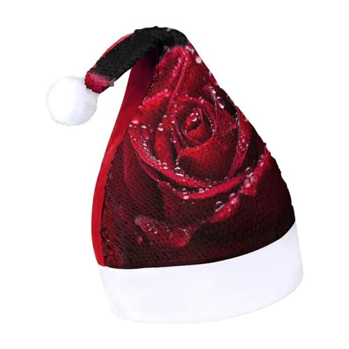 QWHJK Weihnachtsmütze für Erwachsene, roter Rosen-Druck, Karnevalshut, festliche Partyhut, Pailletten-Weihnachtsmannmütze von QWHJK