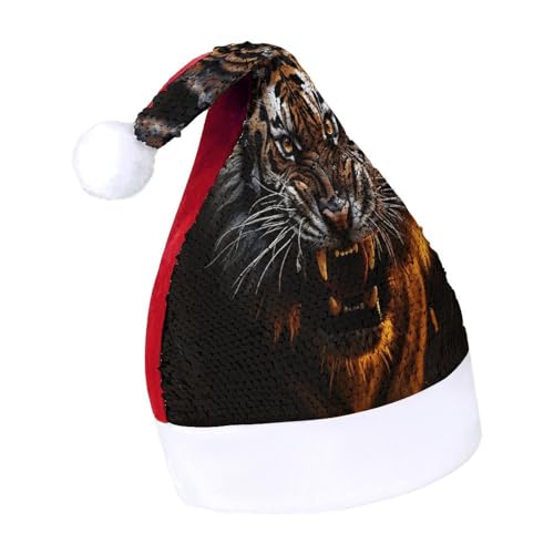 QWHJK Weihnachtsmütze für Erwachsene, wilder Tiger-Druck, Karnevalshut, festliche Partyhut, Pailletten-Weihnachtsmannmütze von QWHJK