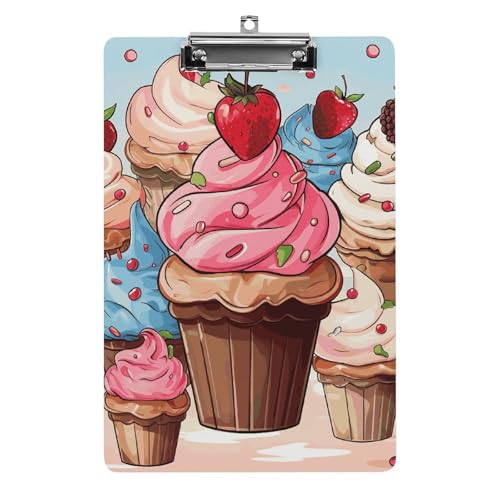 Cupcake- und Eiscreme-Klemmbrett aus Acryl, niedliches Standard-A4-Format, Klemmbretter in Briefgröße, Klemmbretter mit Metallclip, leichtes Schreib-Klemmbrett für Büro, Schule, Krankenpflege von QWJKM