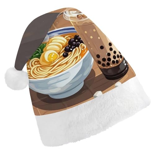 QWJKM Ramen Milchtee-Weihnachtsmannmütze, weich, bequem, für Weihnachten, lustig, festliche Weihnachtsmütze für Erwachsene von QWJKM