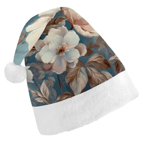 QWJKM Weihnachtsmütze mit Blumen auf blauem Hintergrund, weich, bequem, für Weihnachten, lustig, festlich, Weihnachtsmütze für Erwachsene von QWJKM