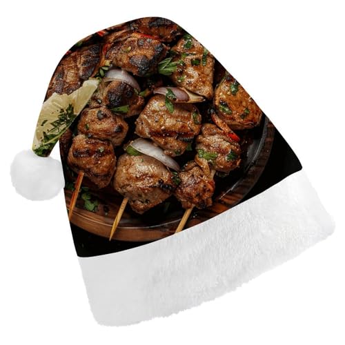 QWJKM Weihnachtsmütze mit Schaschlik-Motiv auf Holzteller, weich, bequem, für Weihnachten, lustig, festlich, Weihnachtsmütze für Erwachsene von QWJKM