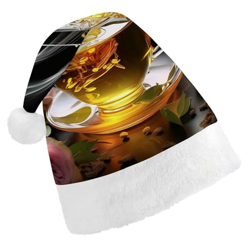 QWJKM Weihnachtsmütze mit Tasse Tee, weich, bequem, für Weihnachten, lustig, festlich, Weihnachtsmütze für Erwachsene von QWJKM