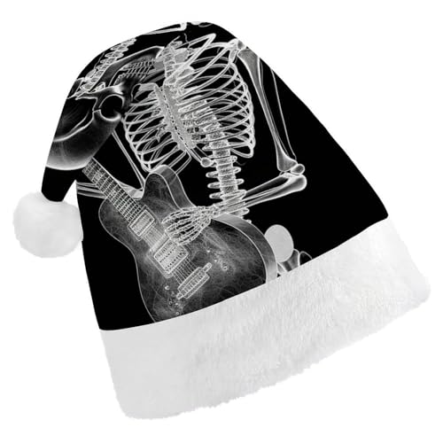 QWJKM Weihnachtsmütze mit Totenkopf-Skelett, spielende Gitarre, weich, bequem, Urlaubsmütze für Weihnachten, lustige, festliche Weihnachtsmütze für Erwachsene von QWJKM