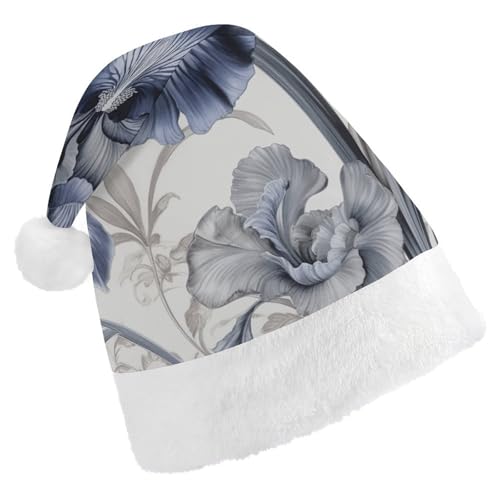 QWJKM Weihnachtsmütze mit blauen und grauen Blumen, weich, bequem, für Weihnachten, lustig, festlich, Weihnachtsmütze für Erwachsene von QWJKM