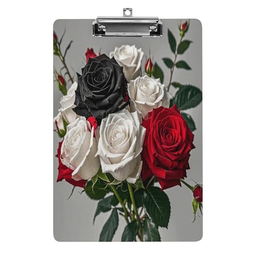 Acryl-Klemmbrett schwarz weiß und rot Rosen bedruckte Klemmbretter Standard A 4 Buchstabengröße Klemmbrett niedriges Profil Clip dekorative Klemmbretter 31,8 x 21,6 cm von QWNMD