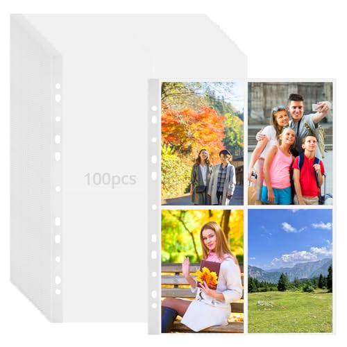 QWORK® 100 Pack A4 Foto Hüllen für 11 Löcher Ringbüchern, 4 Fach Geteilt, Klarsichtfolien für Karten & Foto (Fach 10,5 x 15,2 cm) von QWORK