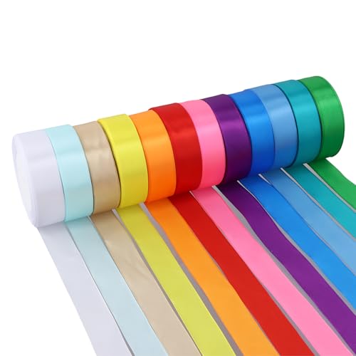 QWORK® 12 Farben Satinband 25 MM x 12 M, Bunte Stoff Bänder zum DIY Basteln, Geschenk Verpacken, Hochzeit PartyDekoration von QWORK