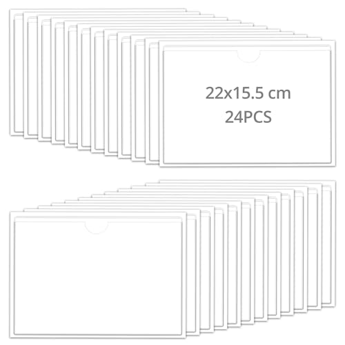 QWORK® 24er Set Klarsichthüllen Selbstklebende DIN A5, Transparent prospekthüllen Etikettenhalter mit Oberer Öffnung, Wasserfest und Robust von QWORK