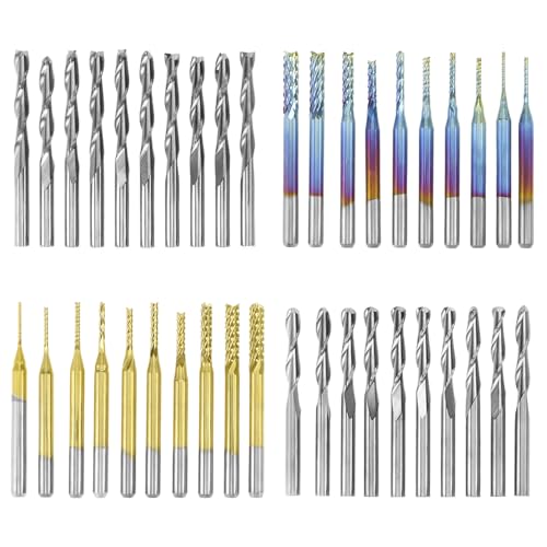 QWORK® 40-teilig Schaftfräser-Satz für CNC-Maschinen - Schnittdurchmessern 0,8mm-3,175mm - 3,175 mm Schaftdurchmesser - Ultrafeinem 0,2μm Wolframstahl mit Nano Blue und Titan Beschichtung von QWORK