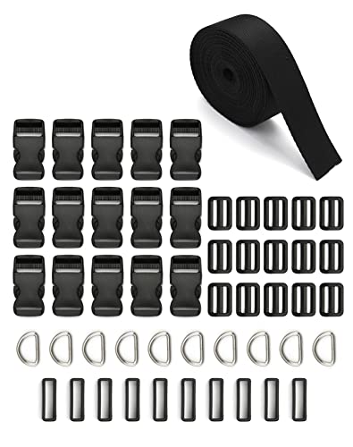 QWORK® 5M x 25mm Nylon Gurtband mit 15 Klippverschluss, 15 Schiebeschnalle, 10 Quadratischer Ring und 10 D Ringe für für Handgemachte Taschen, Rucksack, Gepäcktasche (51stk) von QWORK