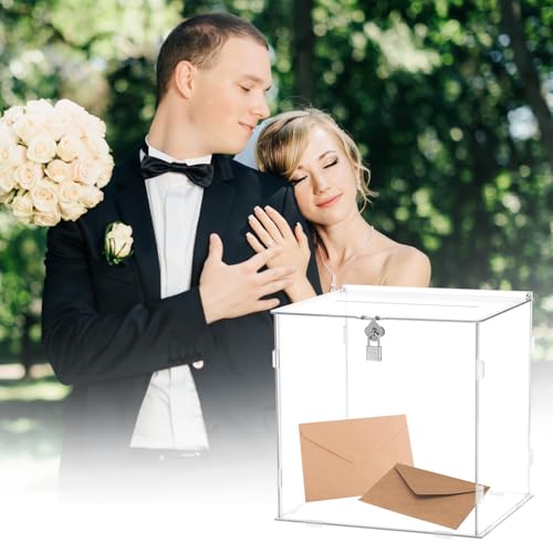 QWORK® Acryl Hochzeit Kartenbox mit Schloss - 25,5x21x25 cm - Vintage Geschenkkarten Box Briefbox für Hochzeiten, Geburtstage & Jubiläen von QWORK