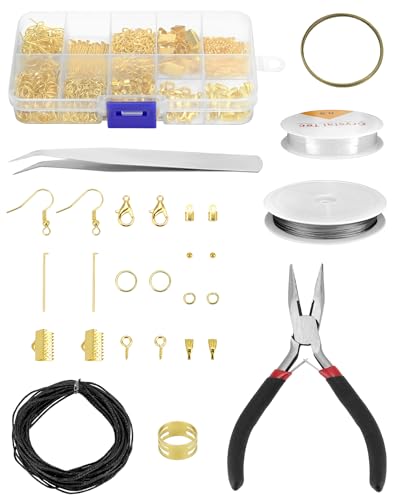 QWORK® Schmuckherstellung kit, schmuck bastelset, professionelles zubehörset mit zange, pinzette und perlendraht, gold von QWORK