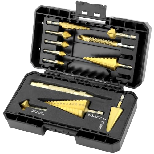 QWORK 12-teiliges HSS Titanbeschichtetes Bohrer-Set – Stufenbohrer, Kegelbohrer, Kegelbohrer, Kegelsenker, Multi-Bohrsäge & Auto-Mittelstanzer für Blech von QWORK