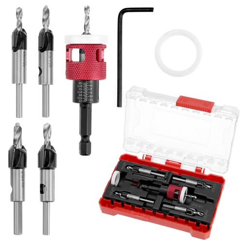 QWORK 5-teiliges Sechskantschaft-Senkerbohrer-Set – 1/4 Zoll Sechskantschaft, 1/8 Zoll, 9/64 Zoll, 5/32 Zoll Bohrer + 3/8 Zoll 82° Senkbohrung, für Präzisionsbohrung von QWORK