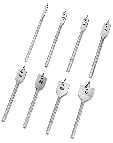 QWORK® 8 Stücke Flachfräsbohrer Set, mit 1/4" Sechskantschaft, Ø 6-32 mm, Flache Bit Set für Holzbearbeitung von QWORK