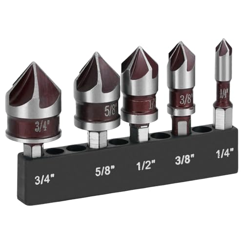 QWORK Kegelsenker Bohrer Set für Metall, M35 Kobalt, 82° 5-Nut-Design, 5-teiliges Set mit 1/4 Zoll Sechskantschaft & Bithalter von QWORK