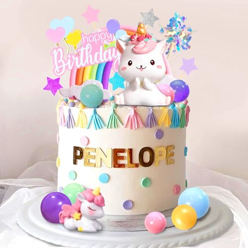 QXNDXQ 18 Stück Tortendeko Geburtstag Einhorn,Happy Birthday Einhornparty Tortendekoration, Einhorn Kuchen Topper, Regenbogensterne, Einhorn-Folien-Feuerwerkskugeln für Kindergeburtstag von QXNDXQ