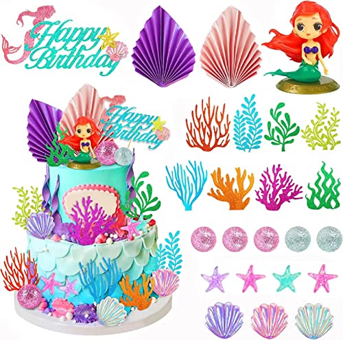 QXNDXQ 24 STK Meerjungfrau Kuchendeko,Tortendeko Meerjungfrau,Meerjungfrau Cake Topper,Kuchenaufsatz mit Ariel-Modell,Palmblättern,Meerestieren und Bällen,Aufsatz für Geburtstagsparty,Taufe von QXNDXQ