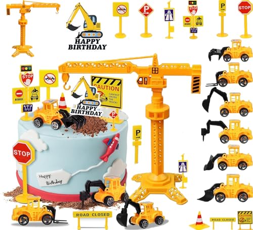 QXNDXQ 17 Stück Tortendeko Baustelle,Kuchen Deko Baustelle,Bagger Kuchen Deko,Metall Kunststoff Baustellenfahrzeuge Verkehrsschilder Kinder,Baustelle Spielzeug Kuchen Deko Junge von QXNDXQ