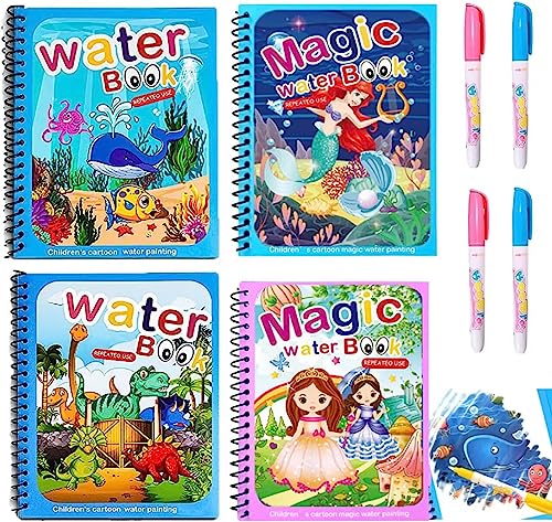 QXNDXQ Wassermalbuch, 4 Stück Wasser Zeichenbuch, Kinder Zaubermalbuch, Wiederverwendbares Magisches Malbücher mit 4 Wasserstift für Kinder ab 3 Junge Mädchen von QXNDXQ