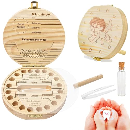 QXNDXQ Zahnbox Holz, Zahndose,Deutsch Milchzähne Box, Aufbewahrungsbox für Baby-Zähne, Mädchen Jungen Souvenir Box, Baby Geschenke zur Geburt (Junge) von QXNDXQ