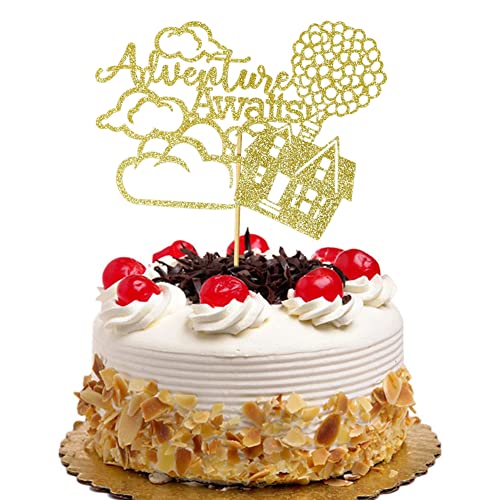 Adventure Awaits Cake Topper, Up Ballon Haus Wolke Hochzeit / Ausgehen Party / Abschluss / Ruhestand / Babyparty Party Dekorationen Supplies Gold Glitter von QXQXBA