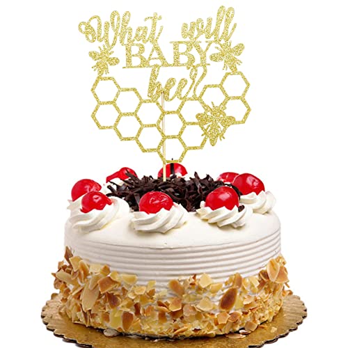 What Will Baby Bee Kuchenaufsatz, lustige Kuchendekoration für Geschlechtsoffenbarung, Bienen-Mottoparty-Dekorationen, goldener Glitzer von QXQXBA