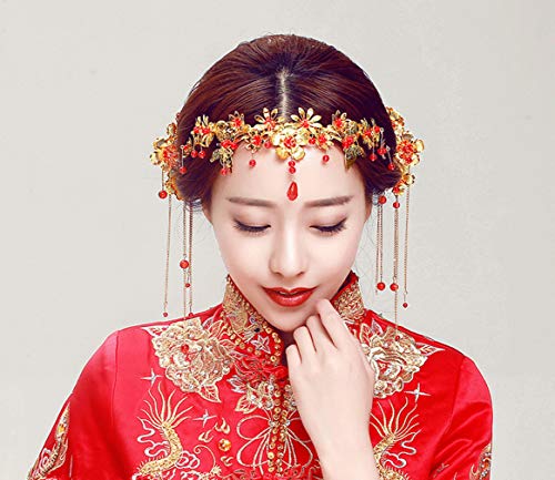 QXSJEDYCH Kopfschmuck im Alten Stil, chinesischer traditioneller Kopfschmuck, rote Blume, Perlen-Stirnband, Brauthochzeits-Tiara Schmuck von QXSJEDYCH