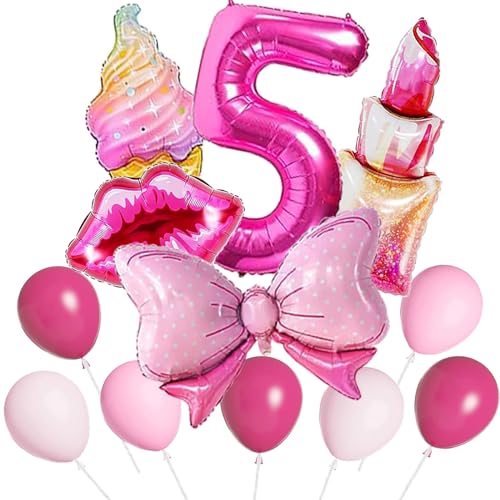 Rosa Luftballons, 35pcs Hot Pink Ballons Herz Lip Bow Lippenstift Eiscreme Nummer 5 Ballons für Mädchen Geburtstag Nummer Ballons Hot Pink Party Ballons von QY ManCang