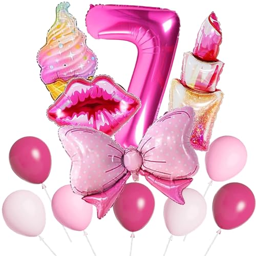 Pinke Luftballons, 35 Stück Pinke Luftballons Herz-Lippen-Schleife-Lippenstift-Eis Nummer 7 Luftballons für Mädchengeburtstag Nummer Ballons Hot Pink Party Ballons von QY ManCang