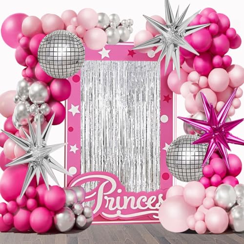 Hot Pink Silber Ballon Bogen Kit, Silber Disco Ball Folie Vorhänge und Explosion Star Folie Ballon für Mädchen 15/16/30th Geburtstag Prinzessin 2024 Graduation Dekorationen von QY ManCang