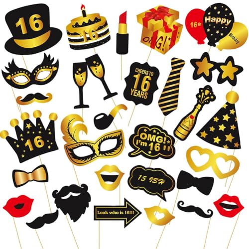 16th Foto Requisiten,30PCS 16.Geburtstag Fotobox Accessoires, Schwarzes Gold Geburtstag Foto Requisiten 16.6 Geburtstag Foto Requisiten Party Deko Geburtstag 16. Geburtstag Deko Birthday Decorations von QYEHF