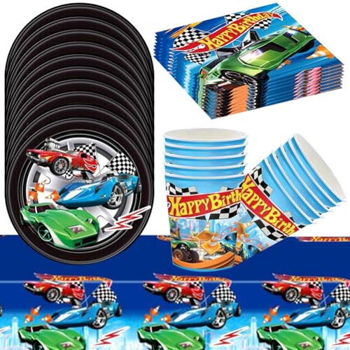 Cars Partygeschirr Set, Racing Party Geschirr,Cars Kit Party, Racing Party Geschirr,Racing Car Party Supplies, für Tischdeko Party- Dazu gehören Teller Papiertuch, Tasse, Tischdecke (53PCS,16 Gäste) von QYEHF