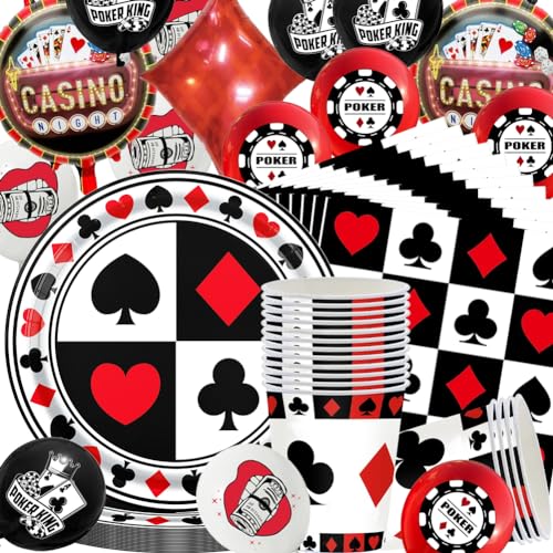 Casino Partygeschirr Sets,63PCS Geburtstag Party Dekoration,Partygeschirr Geburtstagsdeko,Pappteller,Seidenpapier,Pappbecher, Casino Luftballons Partyzubehör für Las Vegas 16 Gäste von QYEHF