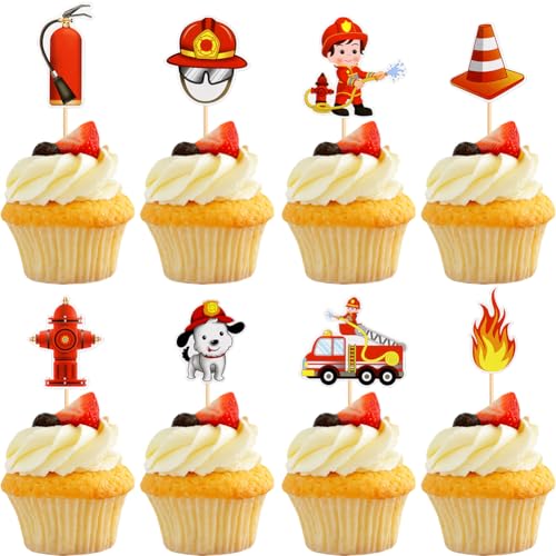 Feuerwehrmann Tortendeko, Feuerwehr Geburtstagsfeier Deko,24PCS Feuerwehrmann Geburtstag Tortendeko, Fire Truck Cupcake Toppers,Feuerwehr Kuchendeckel von QYEHF