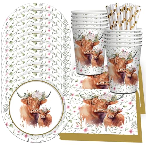 Hochlandkuh Partygeschirr, Highland Cow Partyzubehör Highland Cow Papiertabletts, Dekorationen für Hochland Kuh Party,40PCS Tassen, Servietten, Teller, Bauernhaus Thema Party Supplies von QYEHF