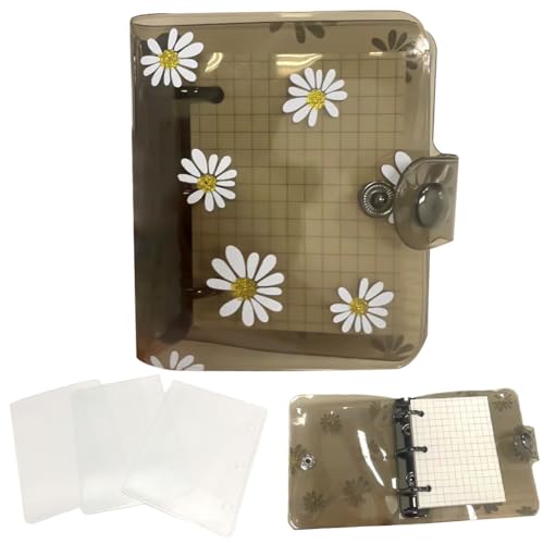 Mini 3-Loch loses Blatt Notizbuch,Mini Transparent 3 Ringbuchhüllen mit,Innenpapier Mini Binder Gänseblümchen,Mit PVC-Abdeckung und 3-Karten-Hülsen,Verwendet für lässige Buchhaltung, Schule, Büro von QYEHF