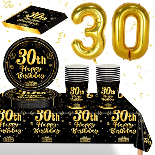 Pappteller 30 Geburtstag,Partygeschirr 30. Schwarz Gold 30 Geburtstagsdeko Partygeschirr Set, Servietten 30 Geburtstag,Tasse Ballon Servietten Tischdeko Party Supplies Pappbecher (55PCS 16Gäste) von QYEHF