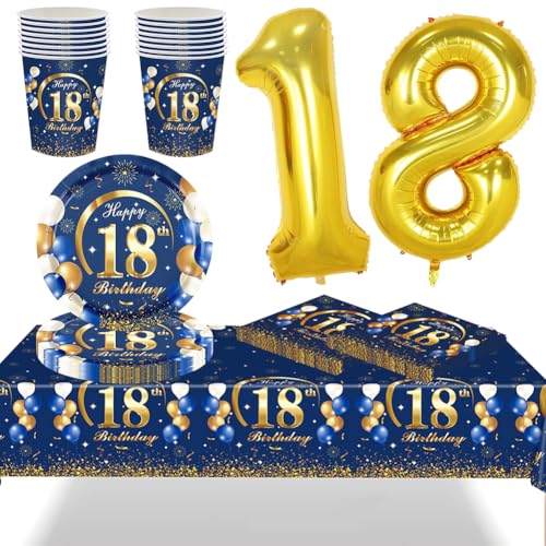 Partygeschirr 18. 18 Geburtstagsdeko Partygeschirr Set, Servietten 18 Geburtstag,Happy 18th Birthday Papier Set für 18. Tasse Ballon Servietten Tischdeko Party Supplies Pappbecher (55PCS (blau) von QYEHF