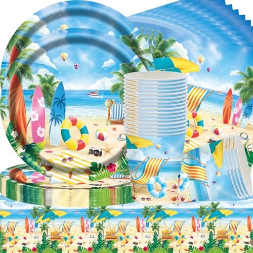 QYEHF Hawaii Party Geschirr Set,Flamingo Papier Teller Servietten,Hawaiianische Dessert Teller,Schwimmbad Party Partygeschirr Set,Geburtstag Pappteller Servietten Becher Tischtücher (53PCS, 16Gäste) von QYEHF