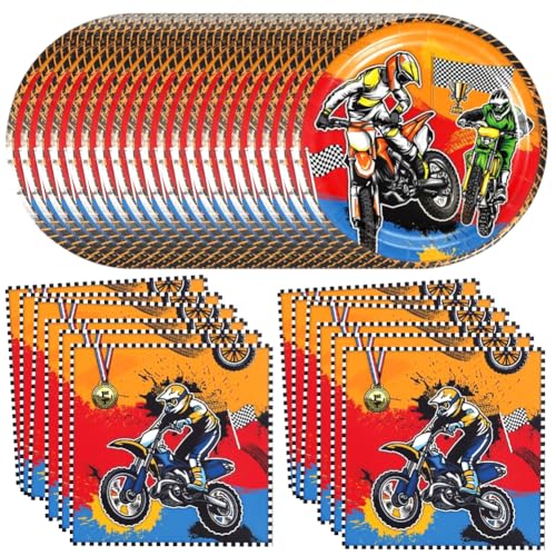 Racing Car Party Supplies, Motorrad Geschirr，Motorcycle Party Besteck Set,Servietten Tischdecke Pappteller Geschirr Set，für Racing Thematische Geburtstagsdekorationen (40PCS, 20Gäste) von QYEHF