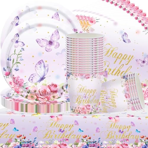 Schmetterling Deko Geburtstag,53PCS Butterfly PartyGeschirr Set, Butterfly Geburtstag Party Dekoration, Party Geschirr für Mädchen Party Deko Geburtstag,Papierteller Pappbecher Servietten Tischdecke von QYEHF